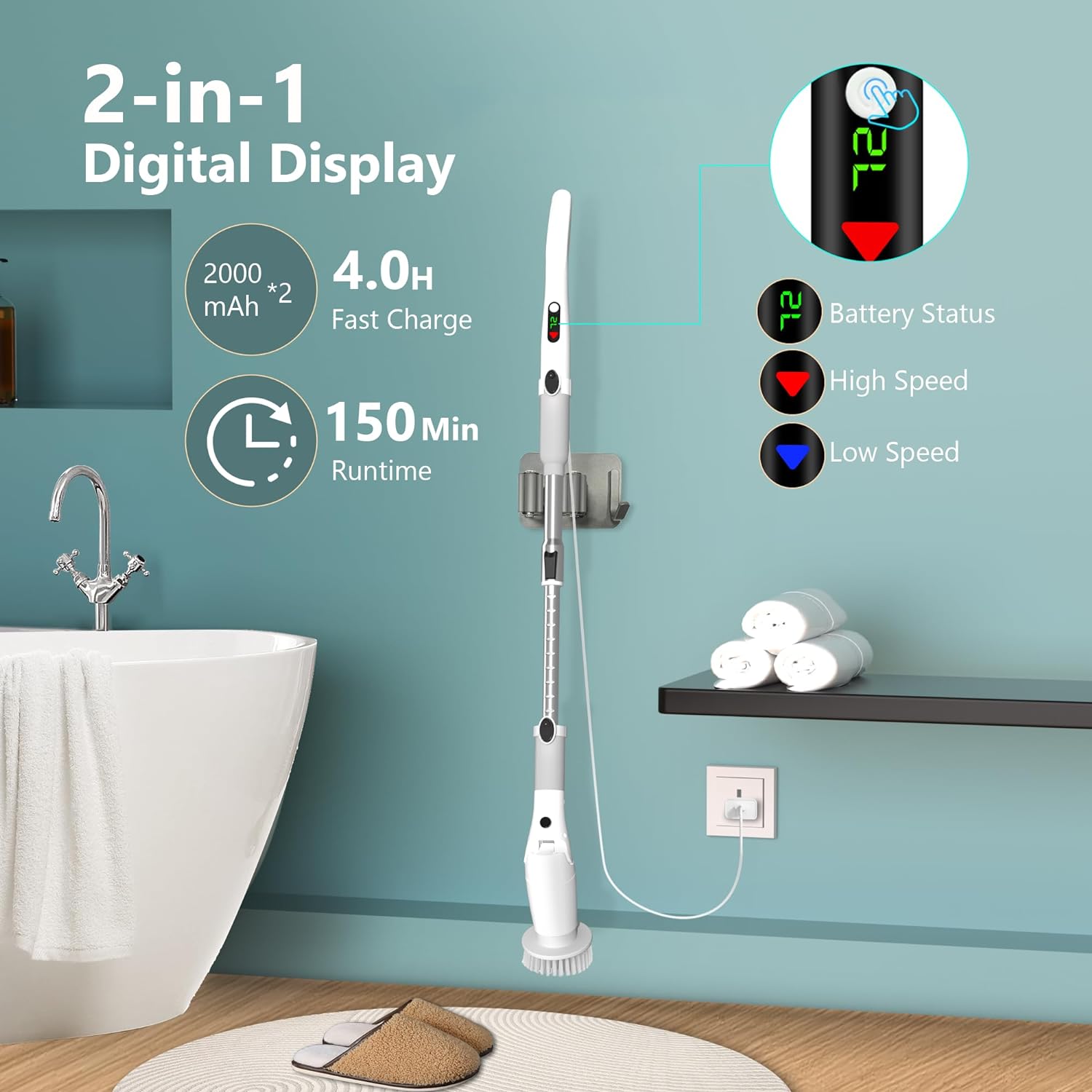 Capon Electric Spin Scrubber, 2023 Newly Upgrade Rechargeable Cordless Cleaning Brush with 8 Replaceable Brush Heads, LED Display, Power 2 Speeds, Adjustable Long Handle, for Bathroom Floor Tile Car Capon Electric Spin Scrubber, 2023 Newly Upgrade Rechargeable Cordless Cleaning Brush with 8 Replaceable Brush Heads, LED Display, Power 2 Speeds, Adjustable Long Handle, for Bathroom Floor Tile Car